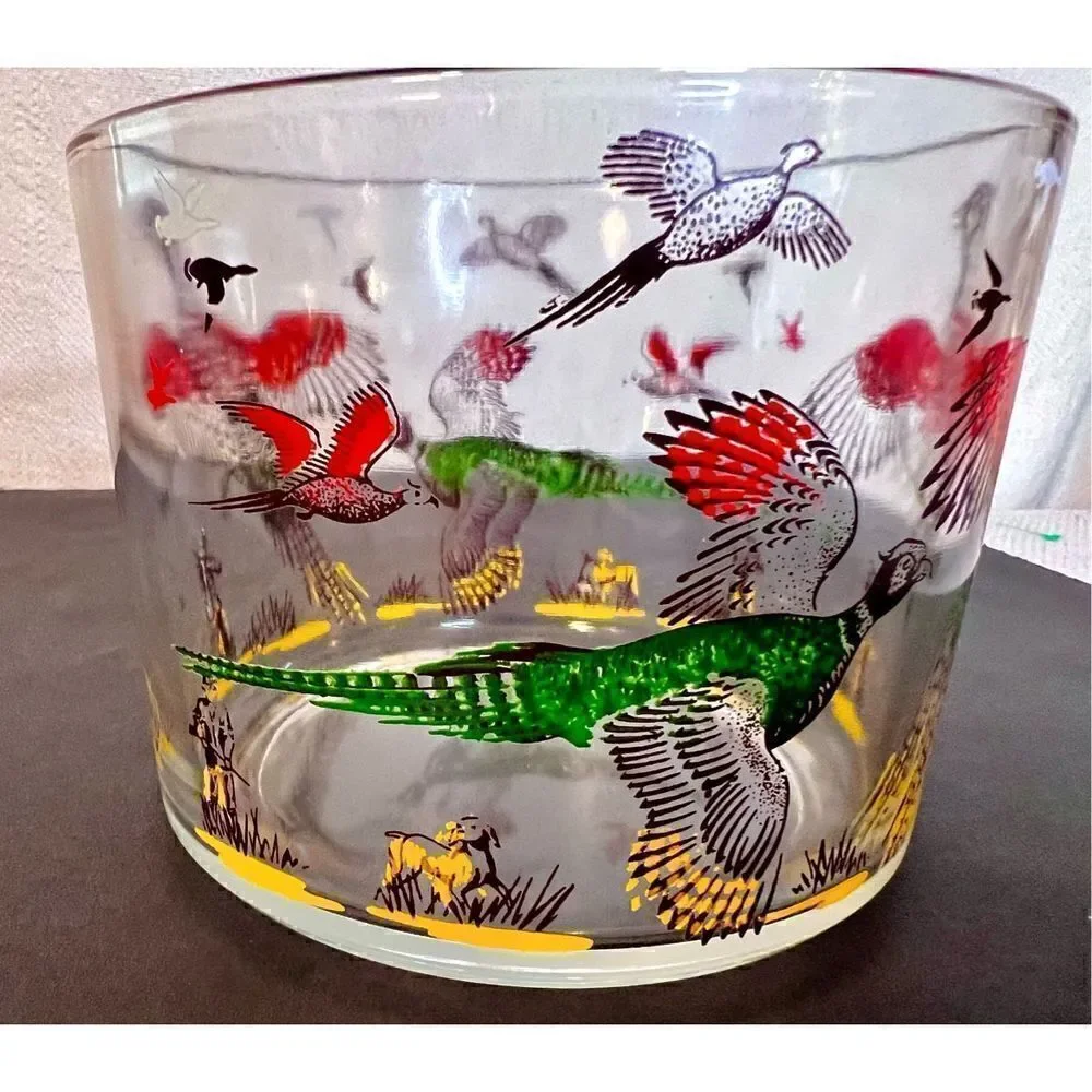 Vintage MCM Hazel Atlas Pheasant Hunters Dogs Ice Snack Bowl Glassware Barware